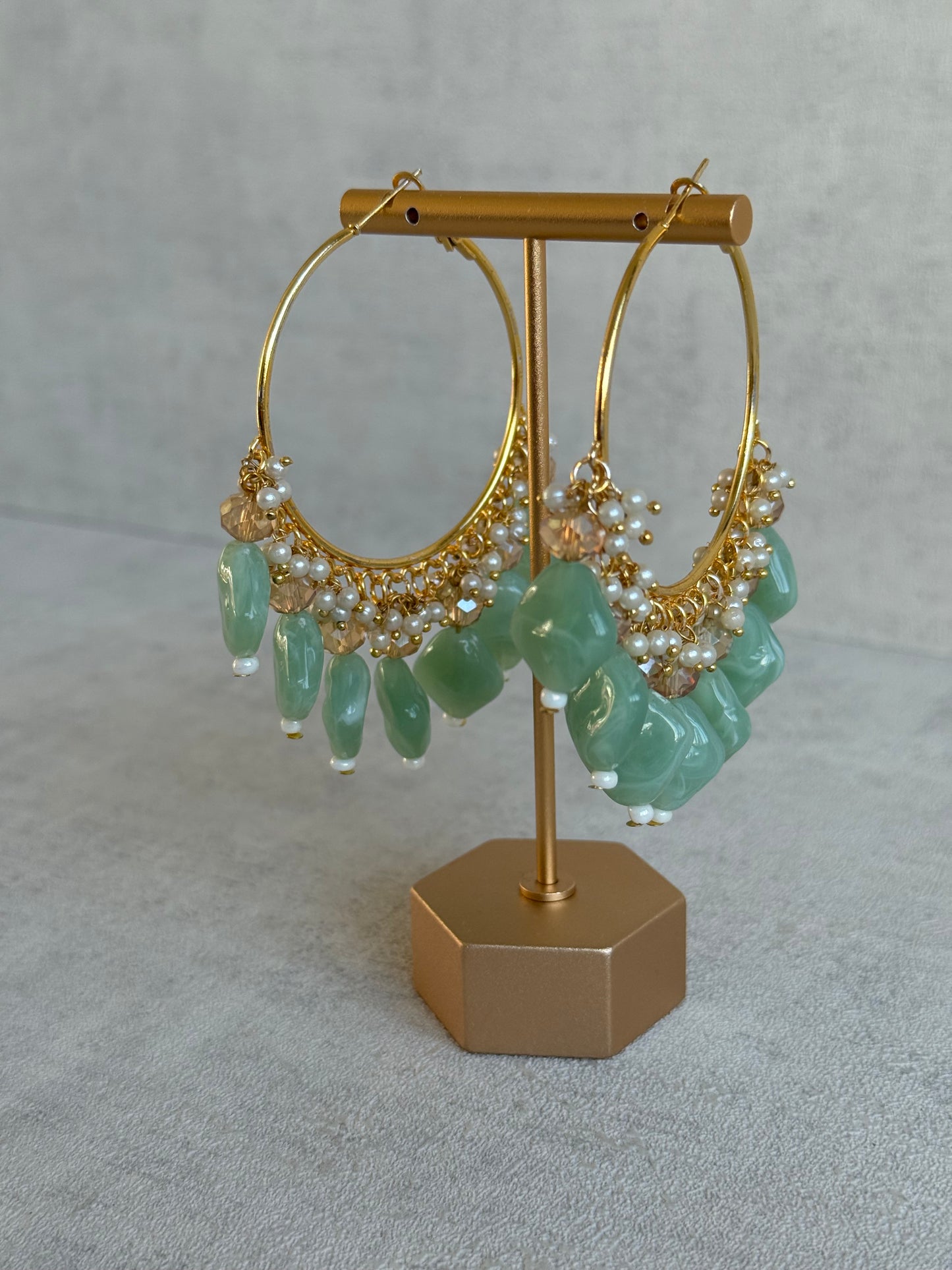 Ayura Designs Heer Balis – Gold Hoops with Mint Marble Beads, Pearls & Crystal Detailing