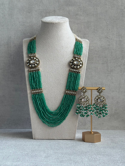 Ayura Designs Sienna Set – Long Layered Necklace & Earrings with Sea Green Beads, Mirror-Cut Kundan & Pearl Detailing