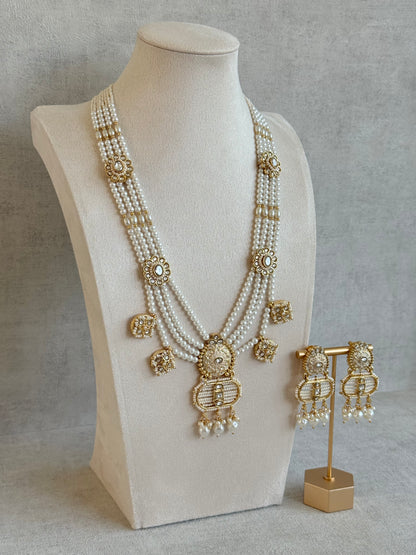 Ayura Designs Krisa Necklace Set with Earrings – Long Kundan Necklace with Pearl Strands & Gold Detailing