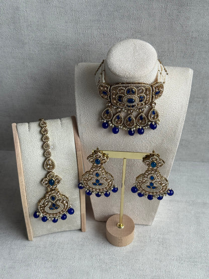 Ayura Designs Zarlish Set – Choker, Earrings & Tikka with Mirror-Cut Stones, Ink Blue Beads & Gold Finish