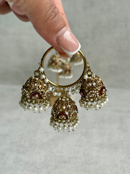 Ayura Designs Nakhra Balis – Ruby Red Triple Dome Earrings with Pearl Clusters & Mirror-Cut Detailing