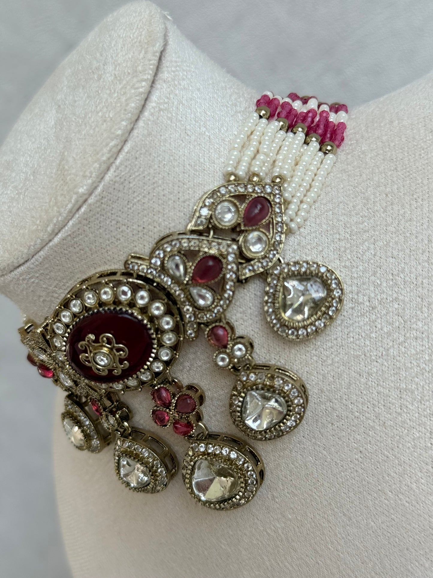Ayura Designs Myra Choker Set with Earrings & Tikka – Ruby Pink Kundan & Pearl Detailing