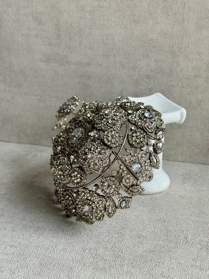 Ayura Designs Lotus Hair Bun Cover – Antique Silver with Mirror-Cut Stones & Floral Detailing