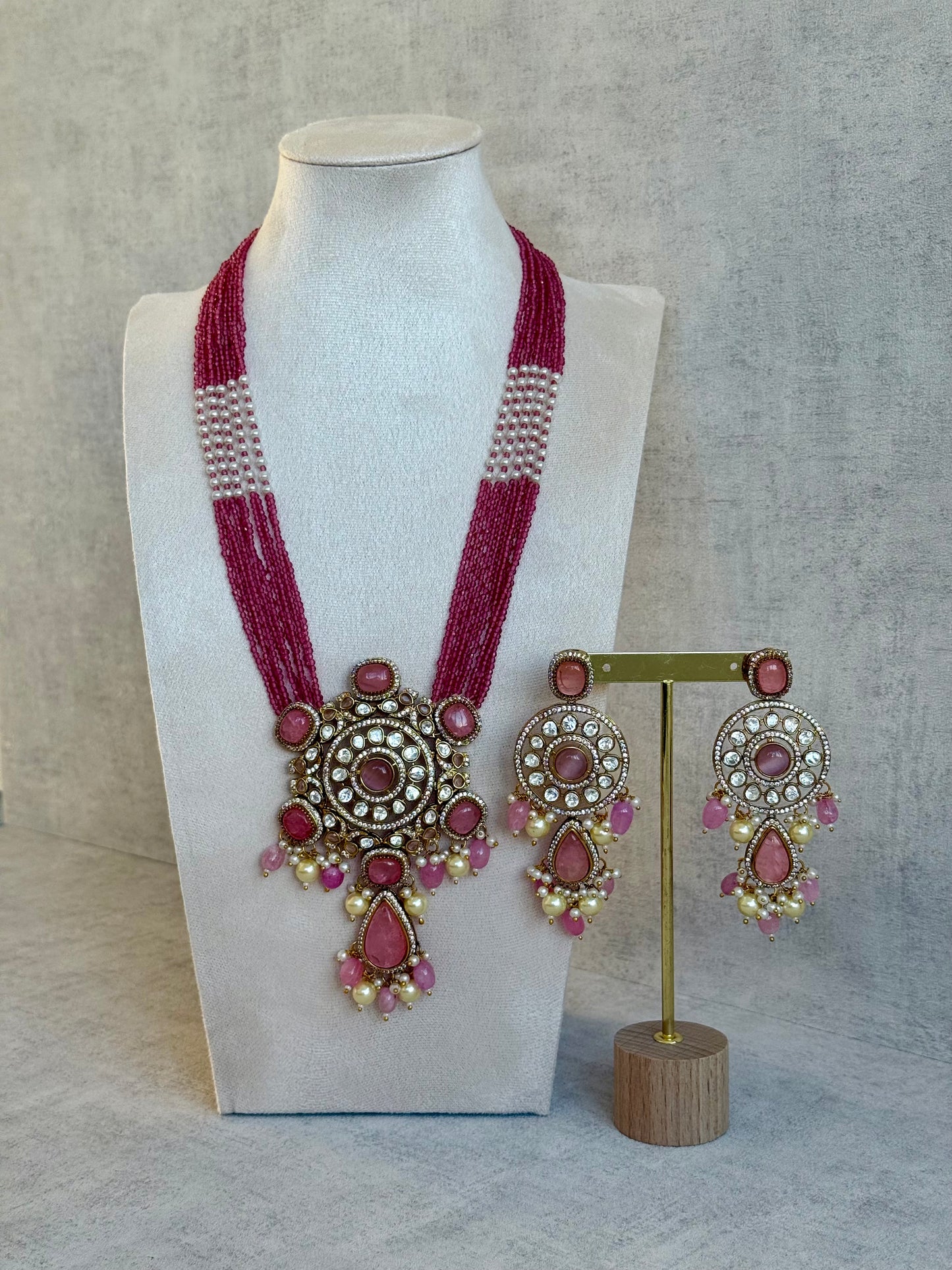 Ayura Designs Julia Set – Kundan Necklace & Earrings with Rose Pink Stones, Pearls & Crystal Detailing