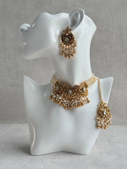 Ayura Designs Sneha Choker Set with Earrings & Tikka – Ivory Beads, Layered Pearl Detailing, Ghungroos & Antique Gold Finish