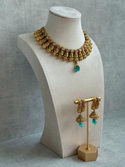 Ayura Designs Aima Necklace Set with Earrings – Antique Gold with Blush Pink & Aqua Green Stones