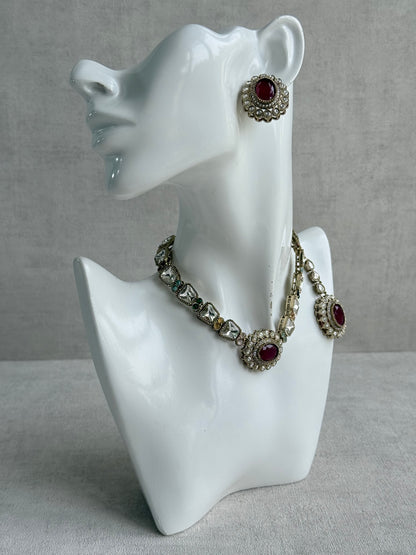 Ayura Designs Inza Necklace Set – Rani Pink, Multicolour Stones, Kundan & Crystals with Antique Gold Finish