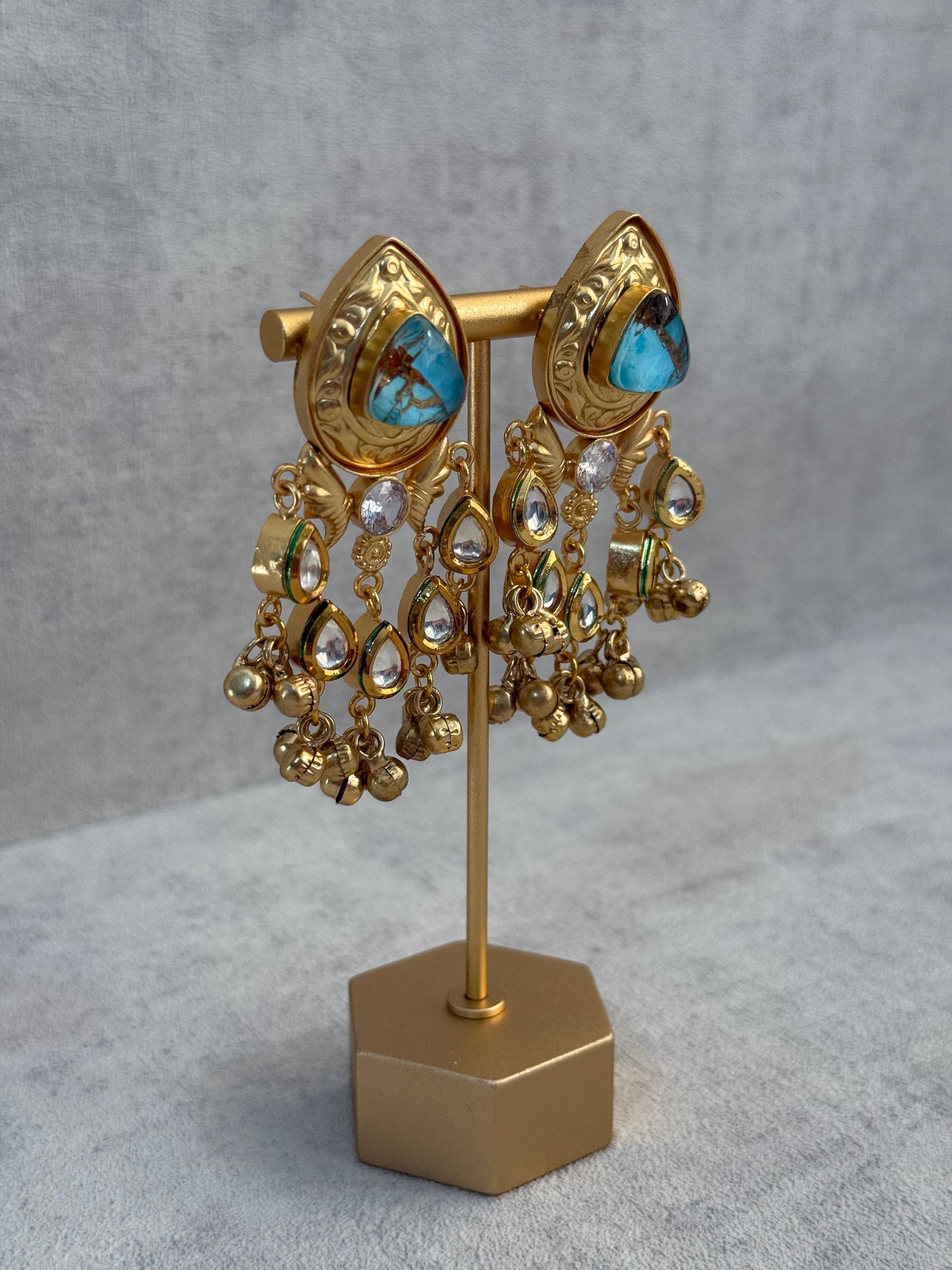 Ayura Designs Arheer Earrings – Turquoise Marble with Kundan Detailing & Antique Gold Ghungroos