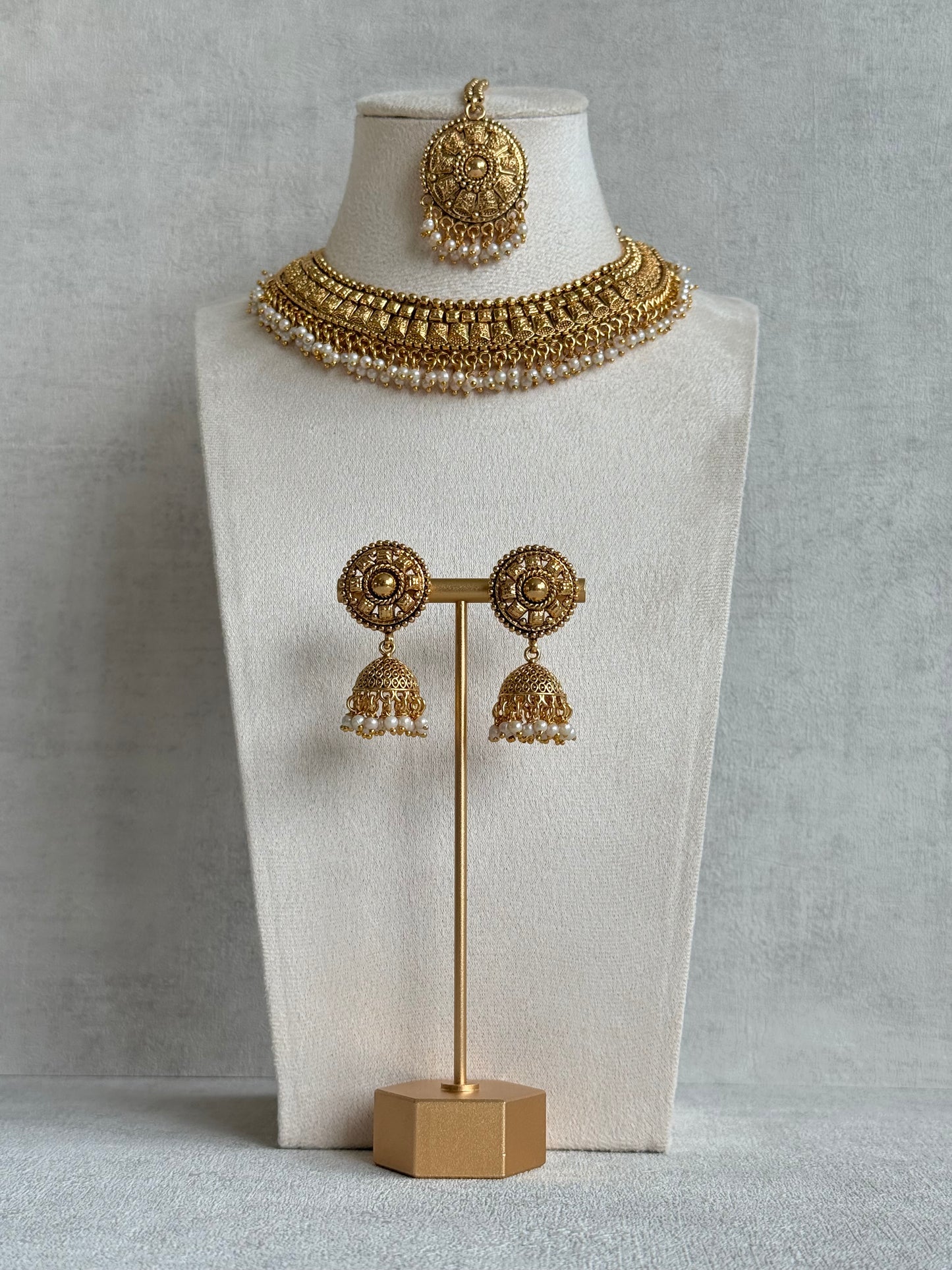 Ayura Designs Iksirat Necklace Set with Jhumkis & Tikka – Gold Heritage Design with Pearl Detailing