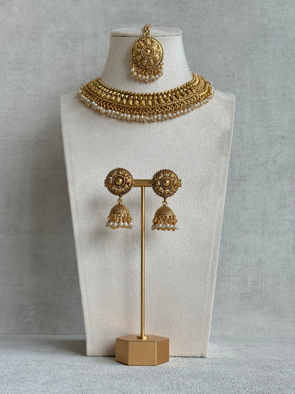Ayura Designs Iksirat Necklace Set with Jhumkis & Tikka – Gold Heritage Design with Pearl Detailing