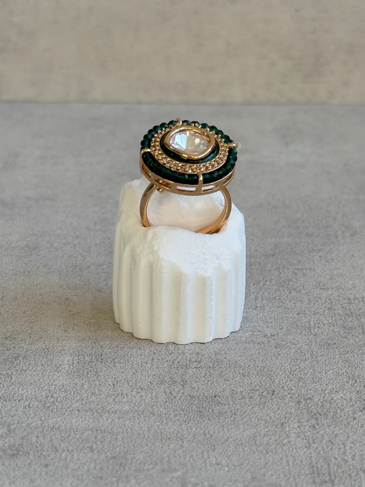 Ayura Designs Roselle Adjustable Ring – Moissanite Centre with Crystal Border & Emerald Green Beads