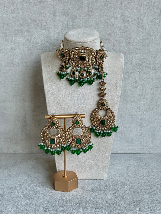 Ayura Designs Arzoo Set with Earrings & Tikka – Antique Gold Finish with Champagne Stones, Emerald Green Accents & Pearl Detailing