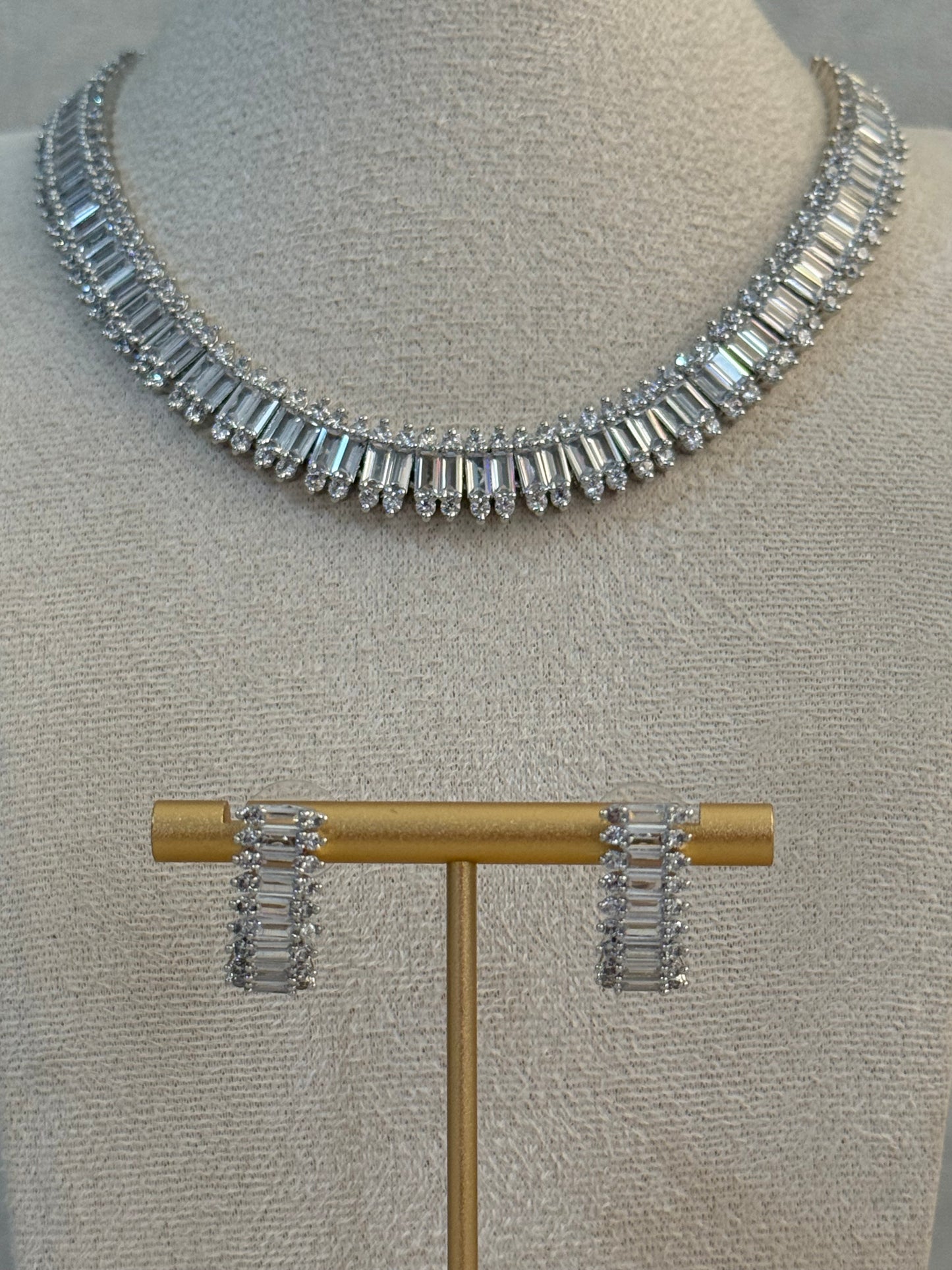 Ayura Designs Isadora Set with Necklace & Stud Earrings – Silver Finish with Baguette-Cut Crystals