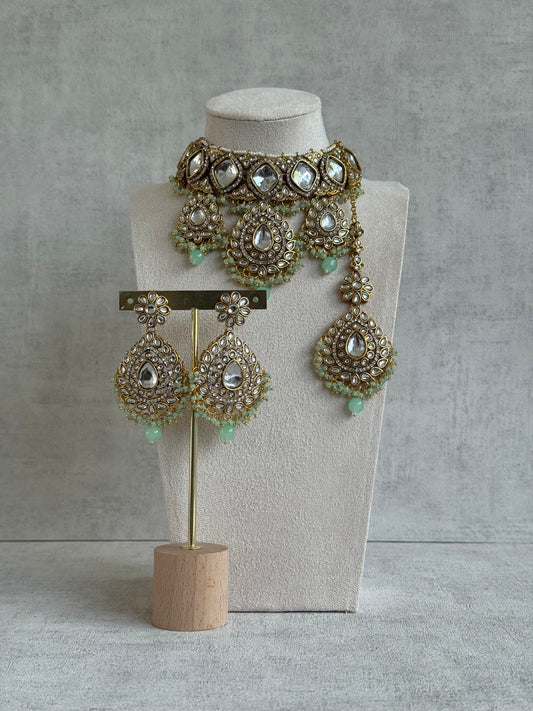 Ayura Designs Kirpa Choker Set with Earrings & Tikka – Mirror-Cut Stones & Pistachio Green Beads