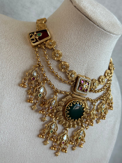 Ayura Designs Bolavi Necklace Set with Earrings – Green Stones, Kundan & Ghungroo Detailing