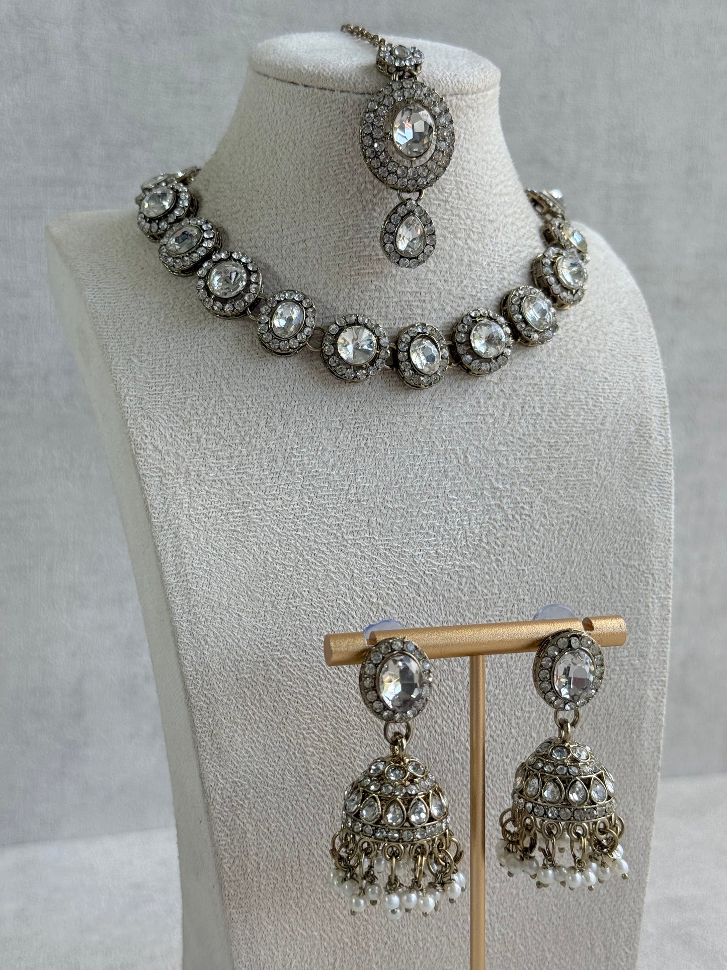 Ayura Designs Eira Necklace Set with Earrings & Tikka – Crystal Stones with Antique Gold Finish