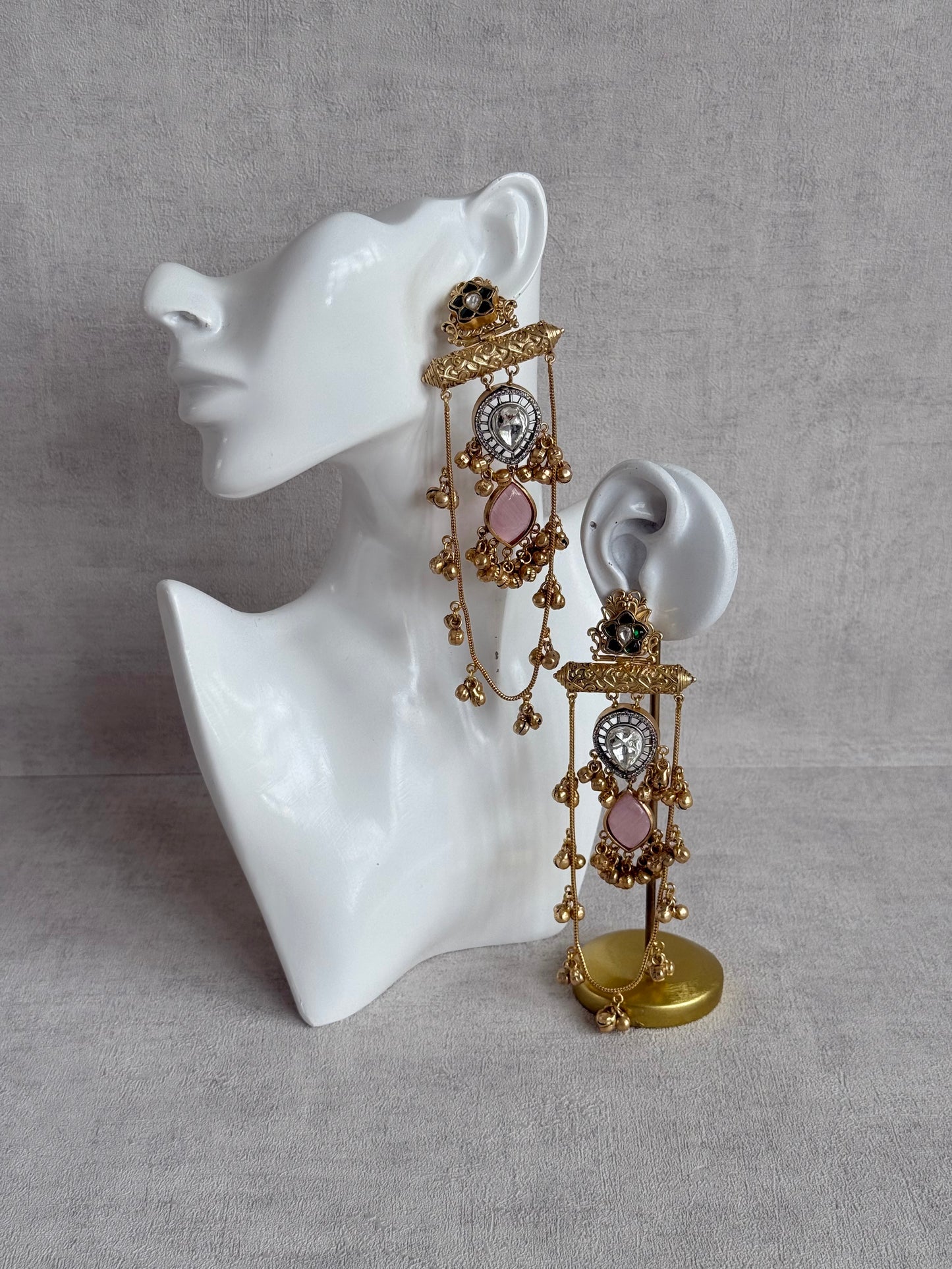 Ayura Designs Rouf Earrings – Kashmiri Earrings with Blush Pink Stone, Crystal Detailing & Ghungroo Accents