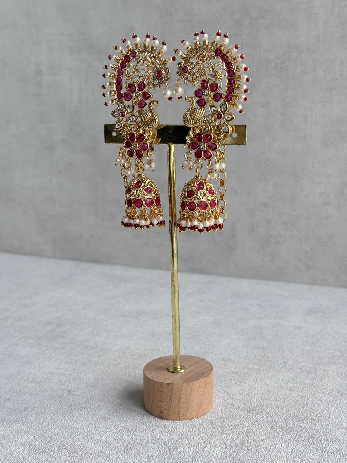 Ayura Designs Nitya Kaanphool Jhumkis – Gold Peacock Motifs, Pink Kundan & Pearl Drops with Attached Sahare