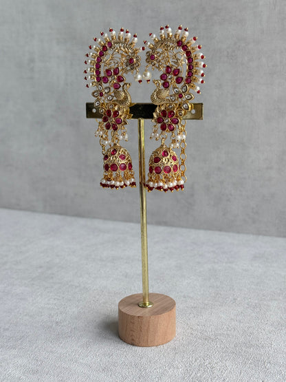 Ayura Designs Nitya Kaanphool Jhumkis – Gold Peacock Motifs, Pink Kundan & Pearl Drops with Attached Sahare