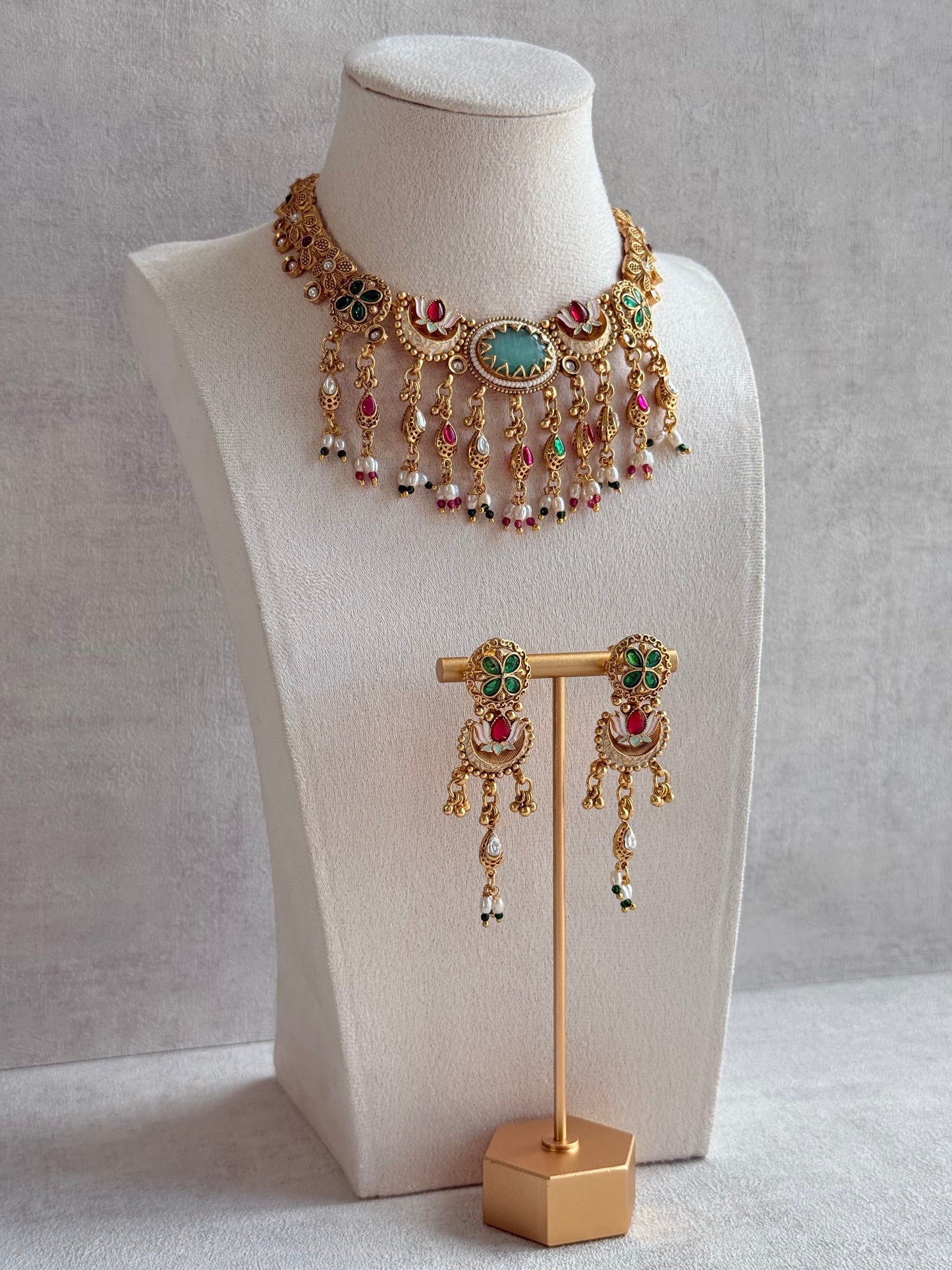 Ayura Designs Aavya Necklace Set – Aqua Green & Rani Pink Kundan Meenakari Design