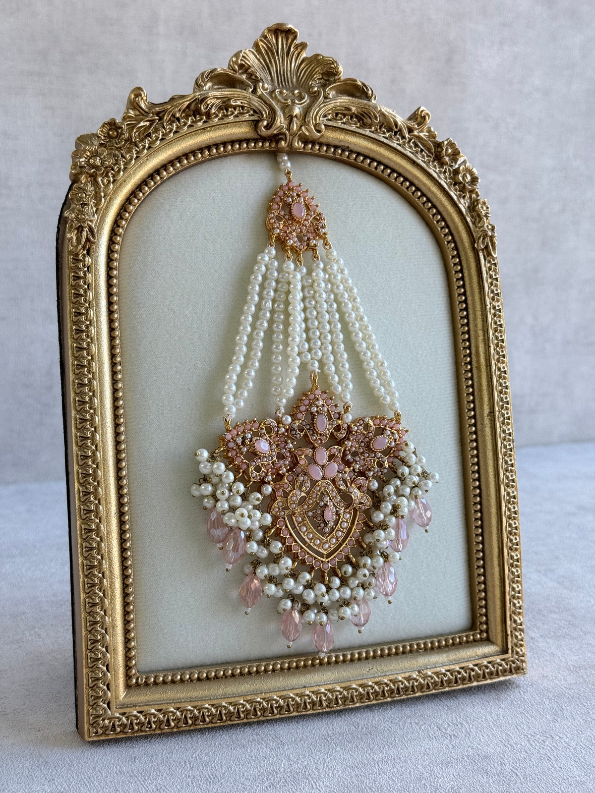 Ayura Designs Zahara Jhoomar Passa – Blush Pink Stones, Ivory Pearls & Gold Finish