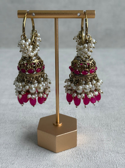 Ayura Designs Jugni Jhumkis – Antique Gold Balis with Fuchsia Beads & Pearl Clusters