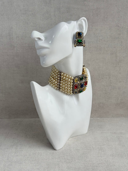 Ayura Designs Amelia Choker Set with Earrings – Moissanite Stonework with Layered Pearls in Antique Silver Finish (Deep Jewel Tones)