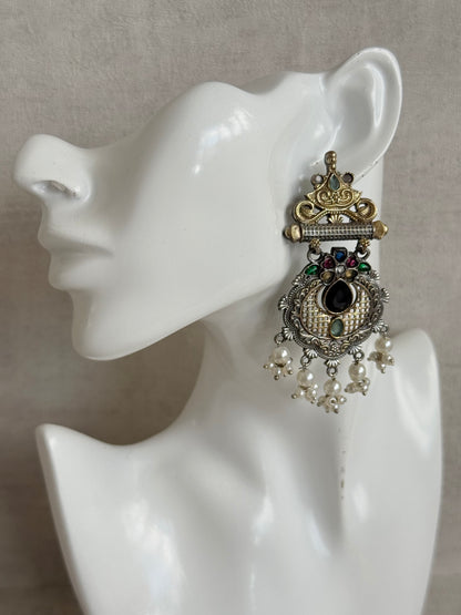Ayura Designs Taali Earrings – Dual Tone Oxidised Statement Earrings with Multicolour Stones & Pearl Clusters
