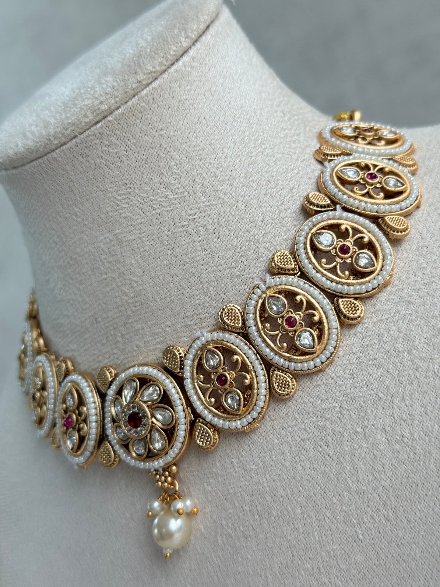 Ayura Designs Laina Necklace Set with Jhumkis – Kundan & Rani Pink Stones, Pearls & Antique Gold Finish