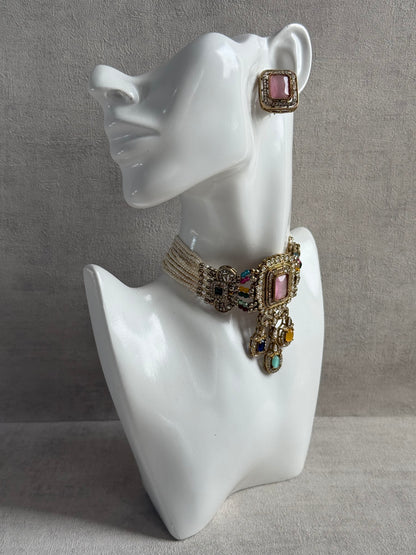 Ayura Designs Nabiha Choker Set with Studs – Blush Pink & Multicolour Stones, Pearl Detailing & Antique Gold Finish