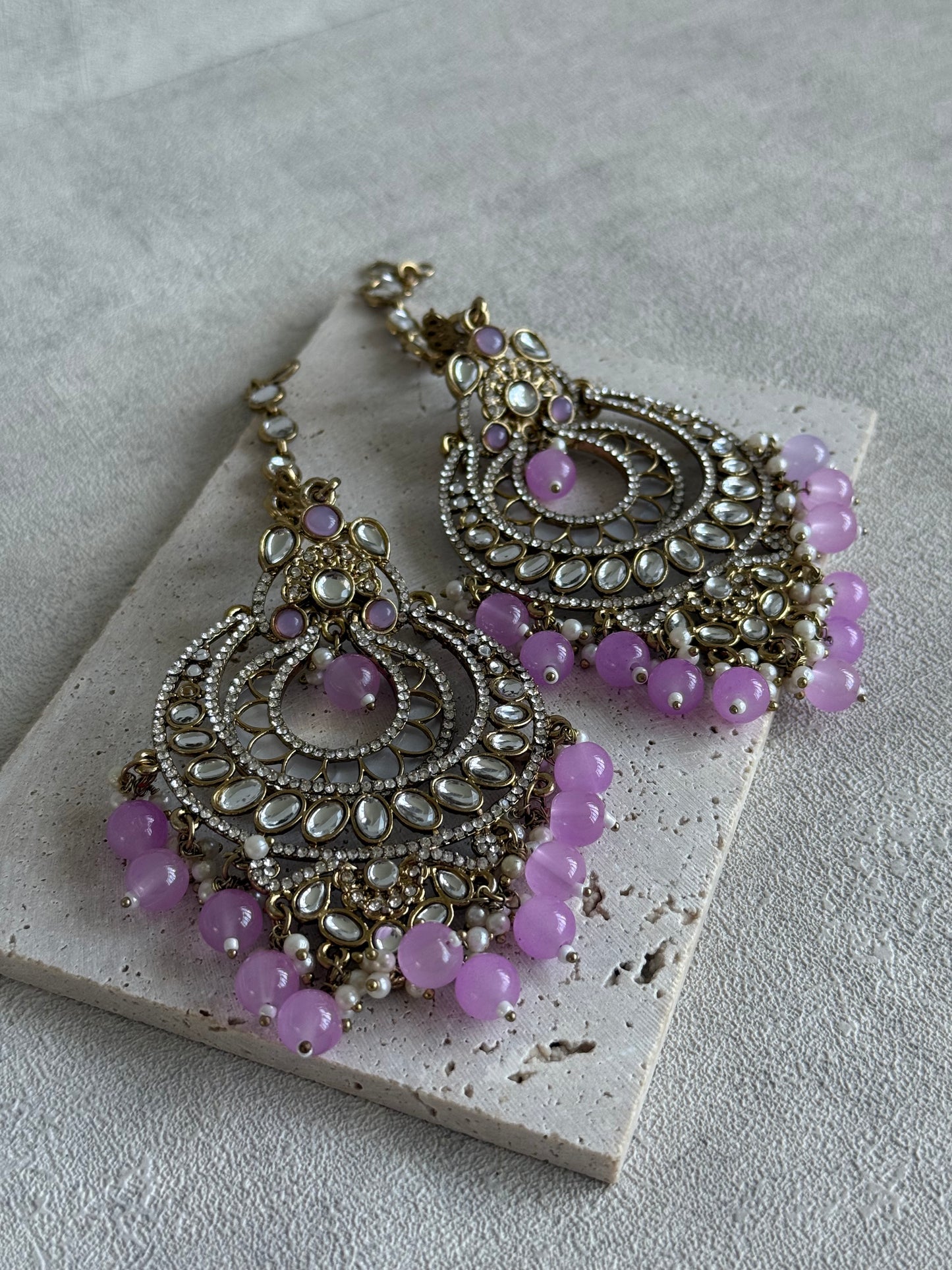 Ayura Designs Rabia Chandbalis – Antique Gold Kundan Earrings with Lilac Beads, Pearls & Attached Sahare