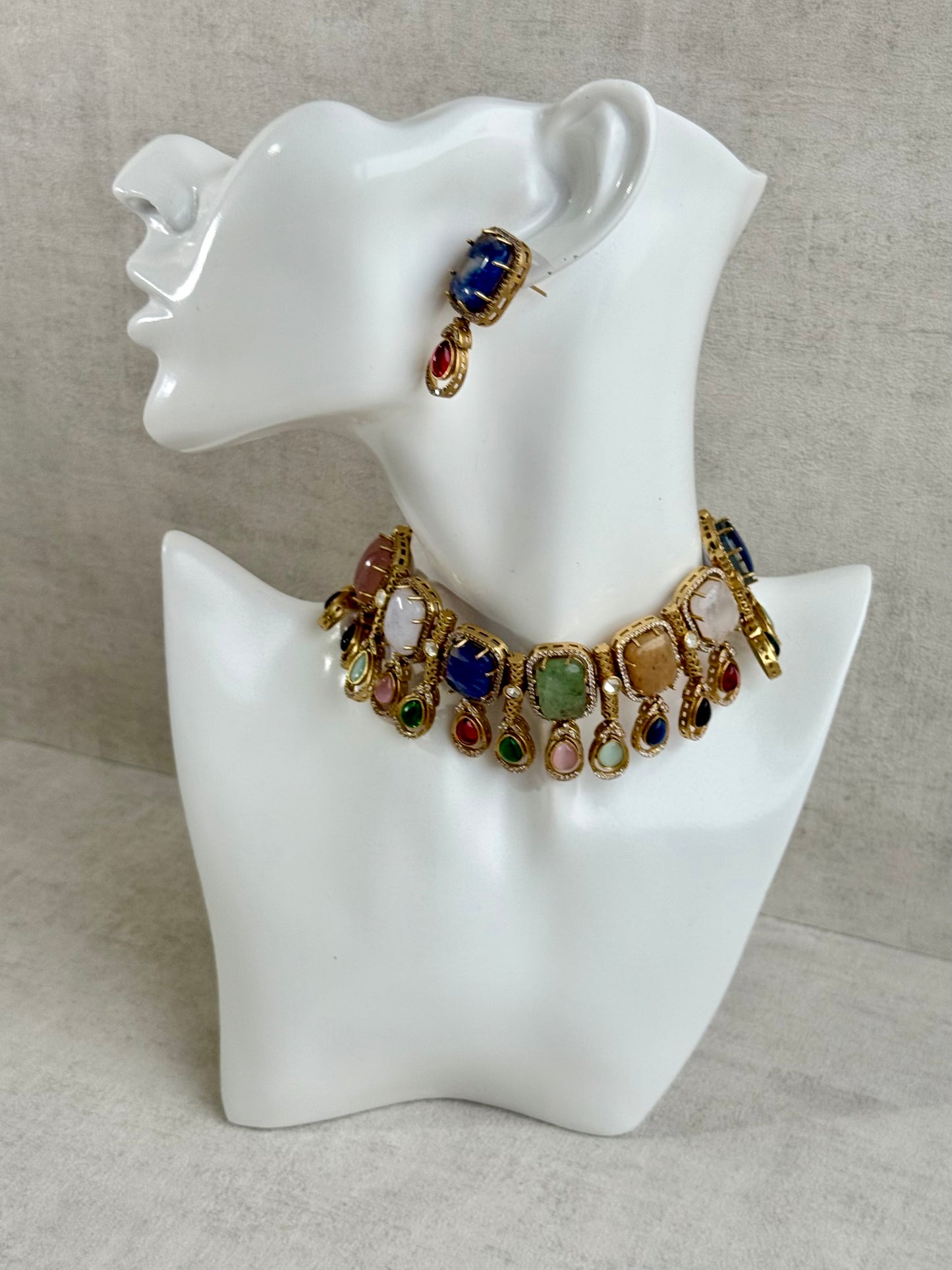Ayura Designs Adelaide Necklace Set with Earrings – Multicolour Moissanite with Blue Stone Drop Earrings