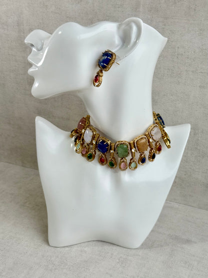 Ayura Designs Adelaide Necklace Set with Earrings – Multicolour Moissanite with Blue Stone Drop Earrings