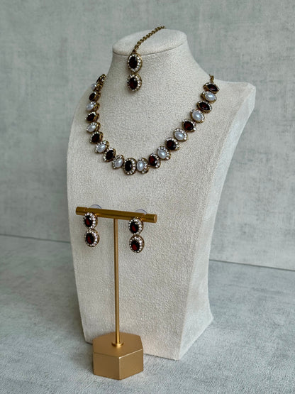 Ayura Designs Eira Set – Necklace, Earrings & Tikka with Ruby Red & Ivory Oval Stones in Antique Gold