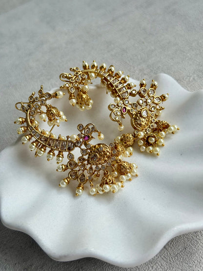 Ayura Designs Megha Half Ear Cuff Earrings – Gold Peacock Motif with Kundan Crystals, Pink Stone Accents & Pearl Jhumka Drops