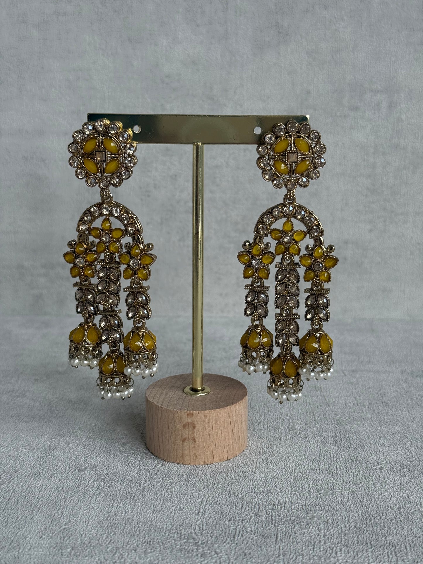Ayura Designs Soraya Earrings – Yellow Stones, Champagne Crystals, Pearl Detailing & Gold Finish