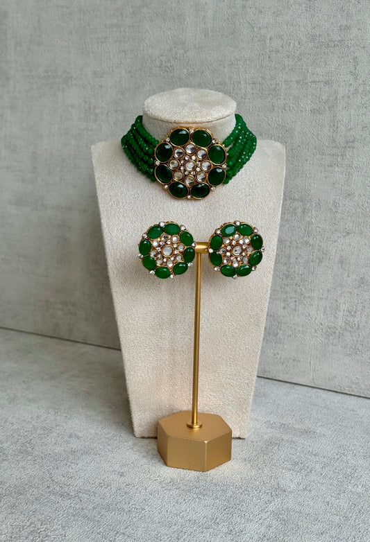 Ayura Designs Yasmin Kundan Choker Set with Studs – Emerald Green Beads & Mirror-Cut Stones