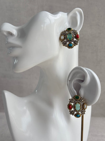 Ayura Designs Celia Stud Earrings – Sea Green & Multicolour Stones with Gold Finish
