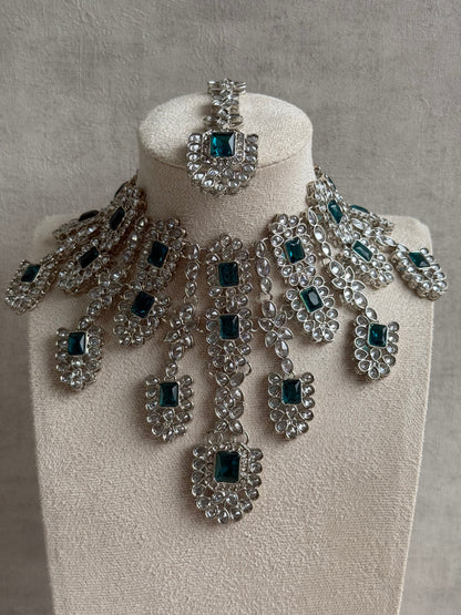 Ayura Designs Zinnia Set – Necklace, Earrings & Tikka with Teal Stones and Mirror-Cut Polki in Silver Finish