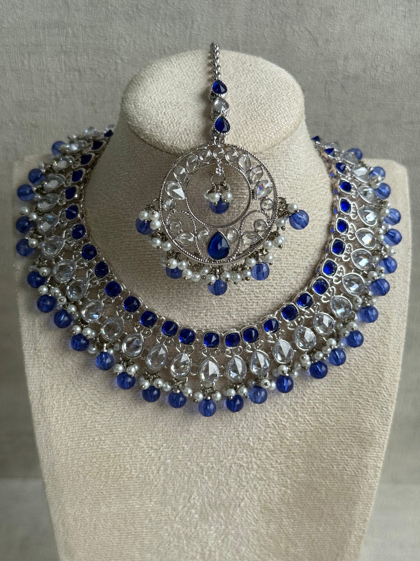 Ayura Designs Rija Set – Necklace, Earrings & Tikka with Ink Blue Beads, Mirror-Cut Stones & Silver Finish
