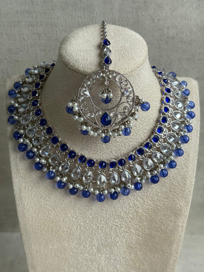 Ayura Designs Rija Set – Necklace, Earrings & Tikka with Ink Blue Beads, Mirror-Cut Stones & Silver Finish