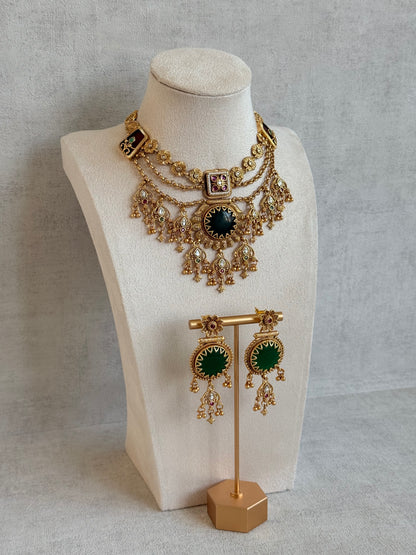 Ayura Designs Bolavi Necklace Set with Earrings – Green Stones, Kundan & Ghungroo Detailing