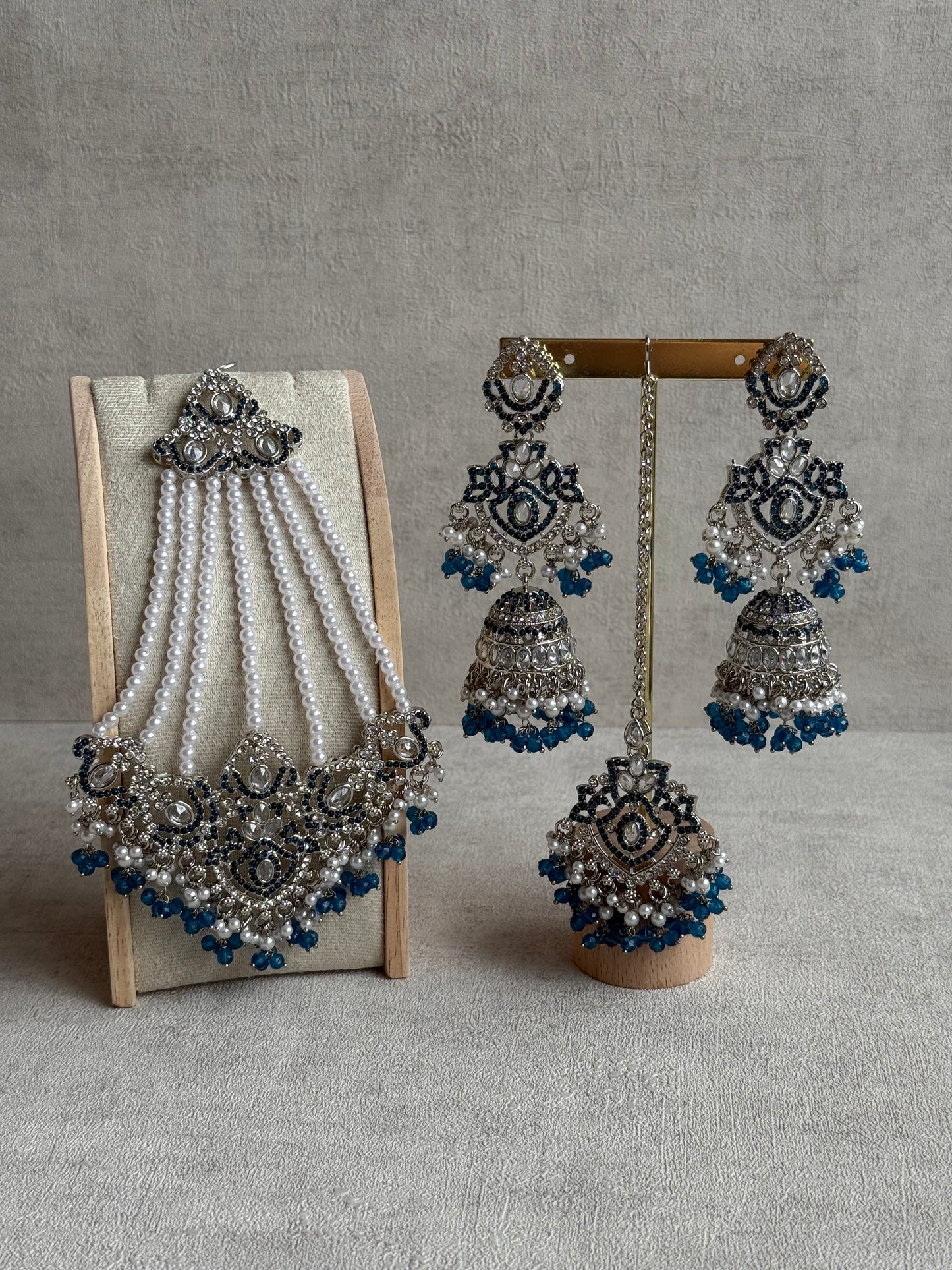 Ayura Designs Wania Set with Jhumkis, Tikka & Passa – Peacock Blue Beads, Mirror-Cut Stones & Antique Silver Finish