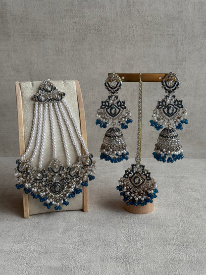 Ayura Designs Wania Set with Jhumkis, Tikka & Passa – Peacock Blue Beads, Mirror-Cut Stones & Antique Silver Finish