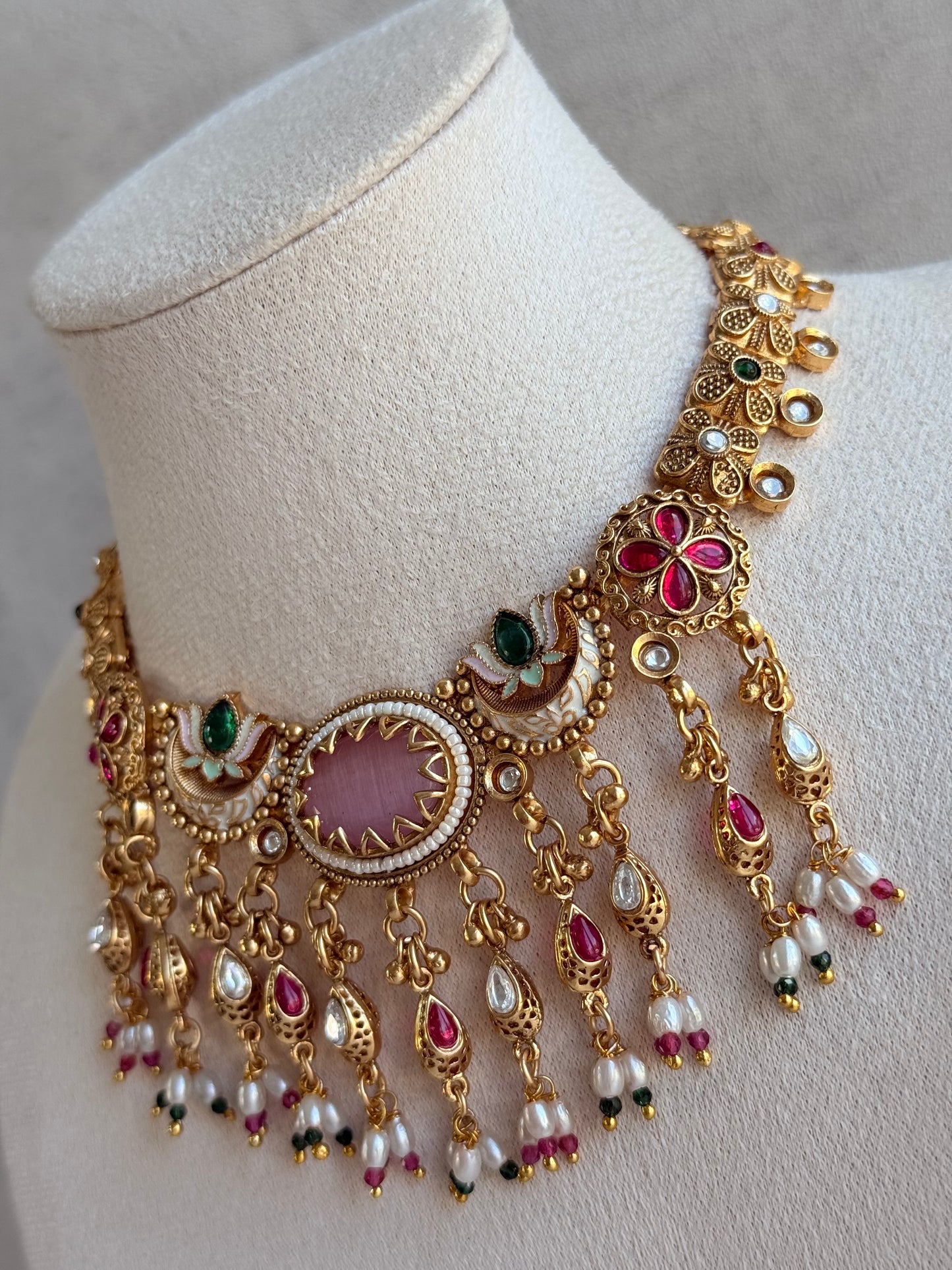Ayura Designs Aavya Necklace Set – Blush Pink & Emerald Green Kundan Meenakari Design