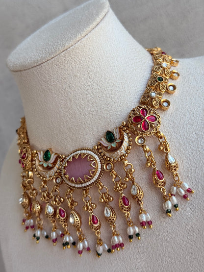 Ayura Designs Aavya Necklace Set – Blush Pink & Emerald Green Kundan Meenakari Design