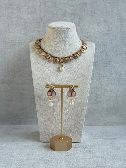 Ayura Designs Padma Necklace Set with Earrings – Blush Pink Stones with Pearl Drop Detailing