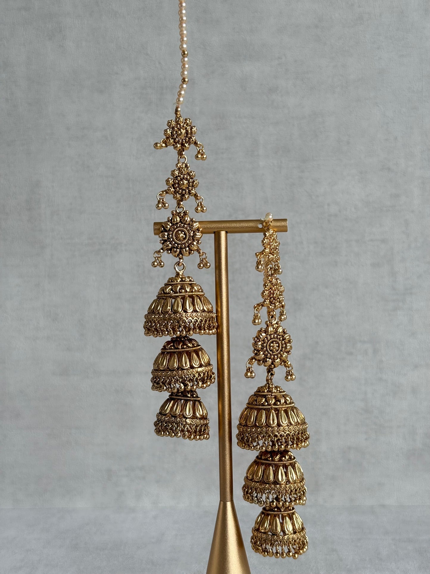 Ayura Designs Preet Sahare Jhumkis – Antique Gold Finish with Triple Dome Design