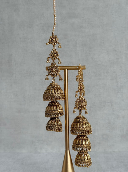 Ayura Designs Preet Sahare Jhumkis – Antique Gold Finish with Triple Dome Design