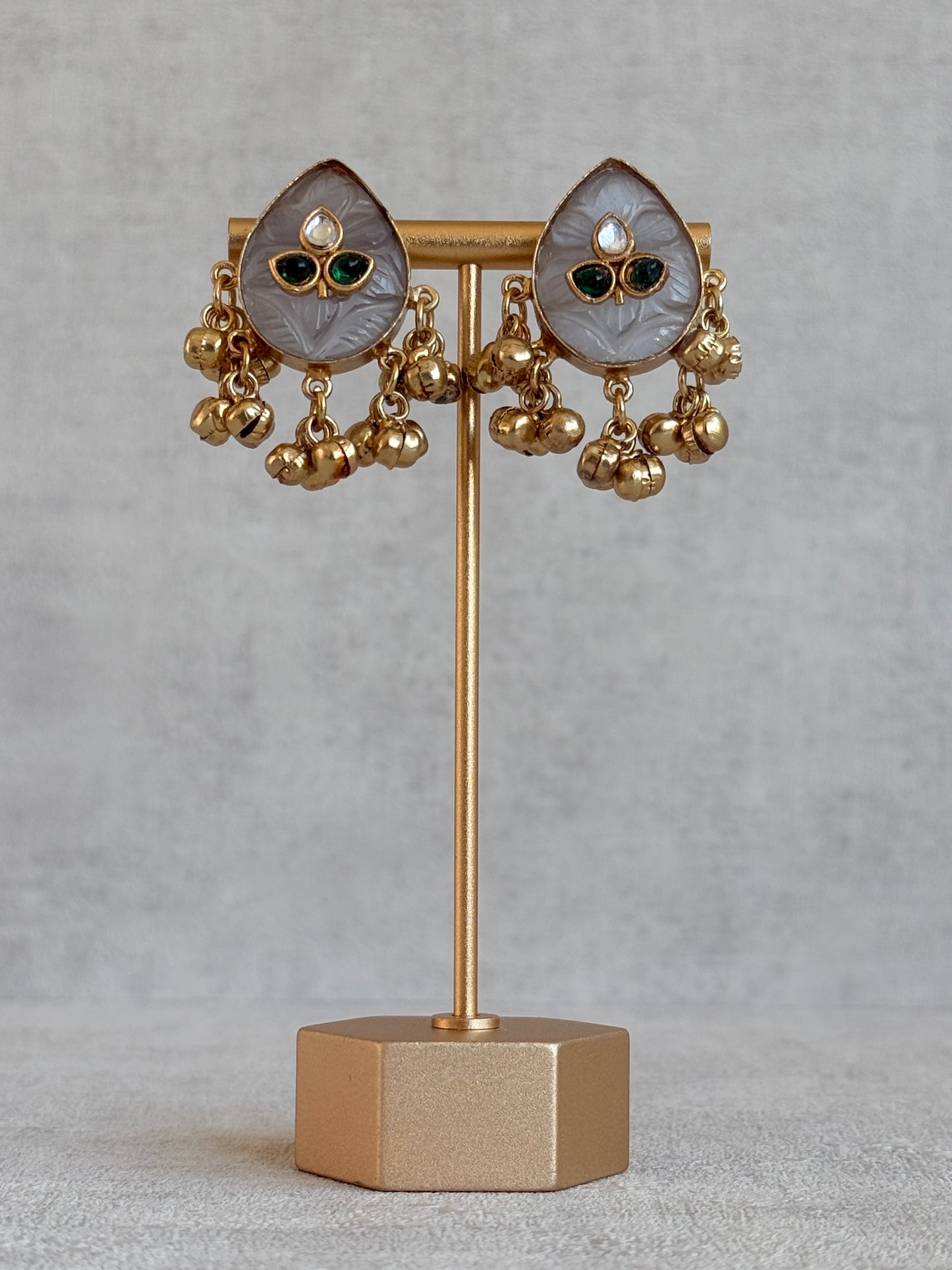 Ayura Designs Aykai Earrings – Grey Carved Teardrop Stud Earrings with Clear Kundan Stones and Gold Ghungroo Drops